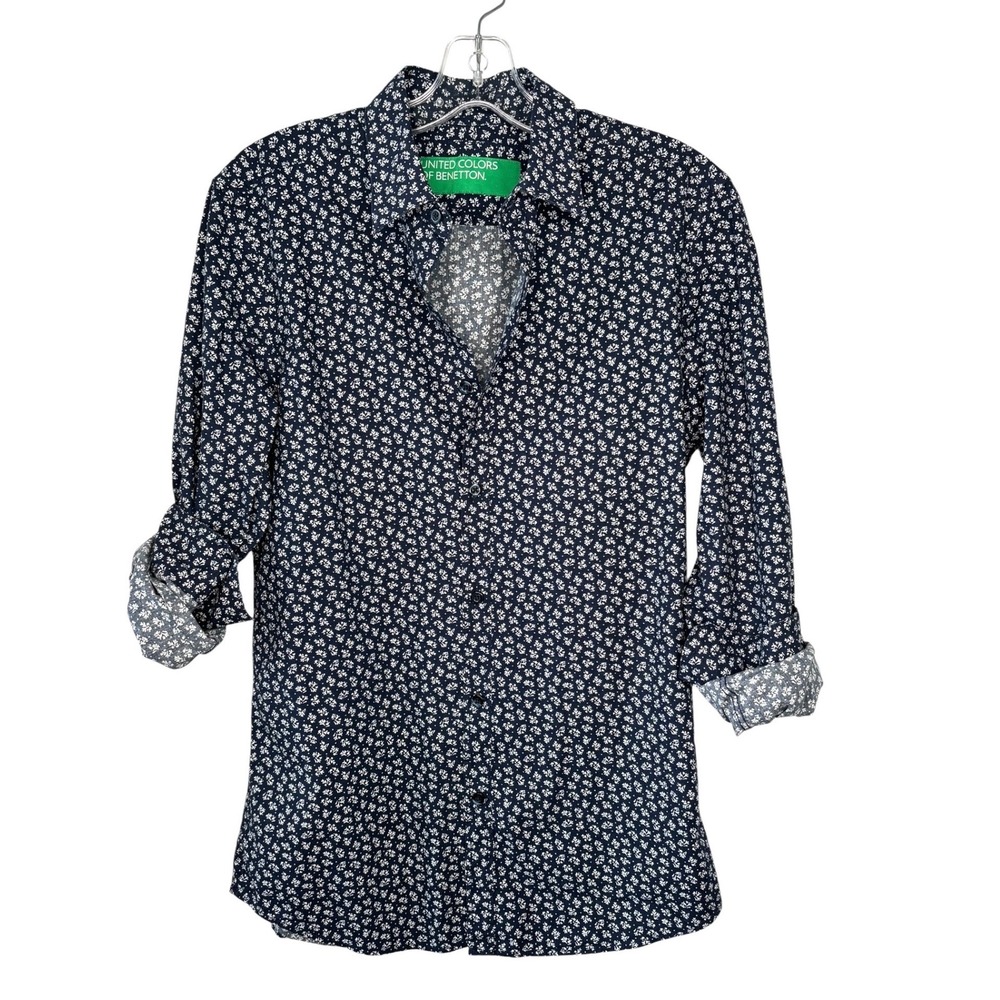 United Colors of Benetton Shirt Women S Navy Blue Excellent‎ Floral Button Down